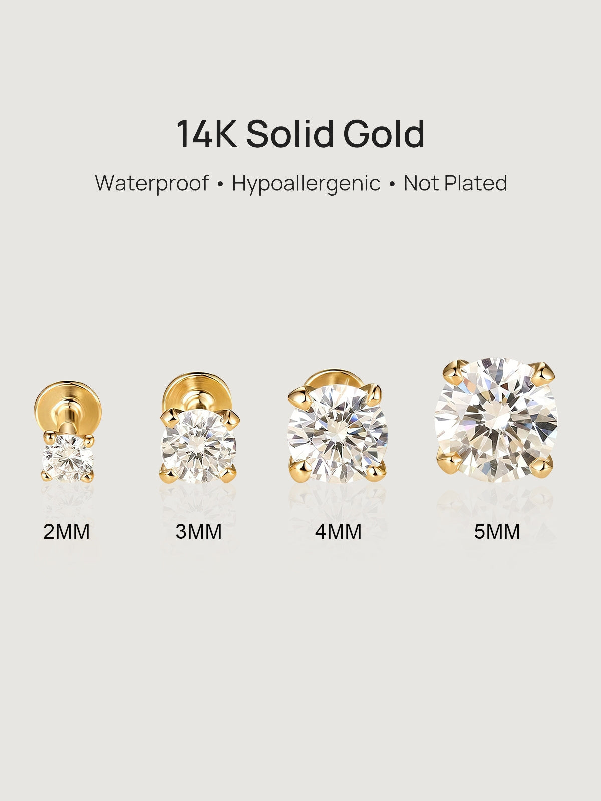 14K Solid Gold Solitaire CZ Flat Back Earrings