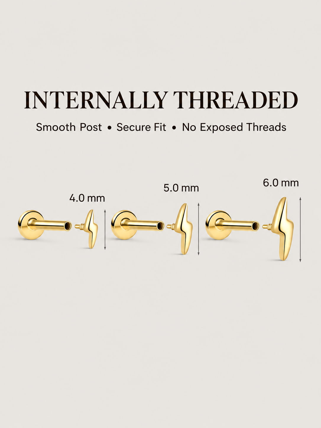14K Solid Gold Lightning Bolt Flat Back Stud