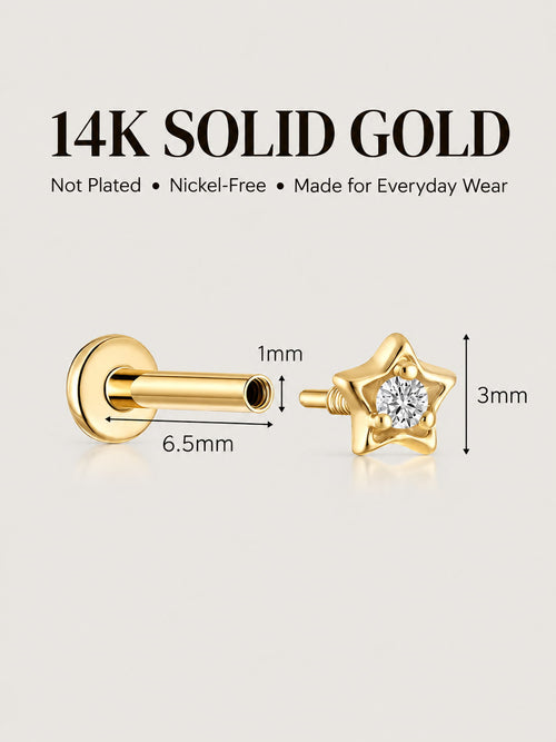 14K Gold Star Solitaire Flat Back Stud