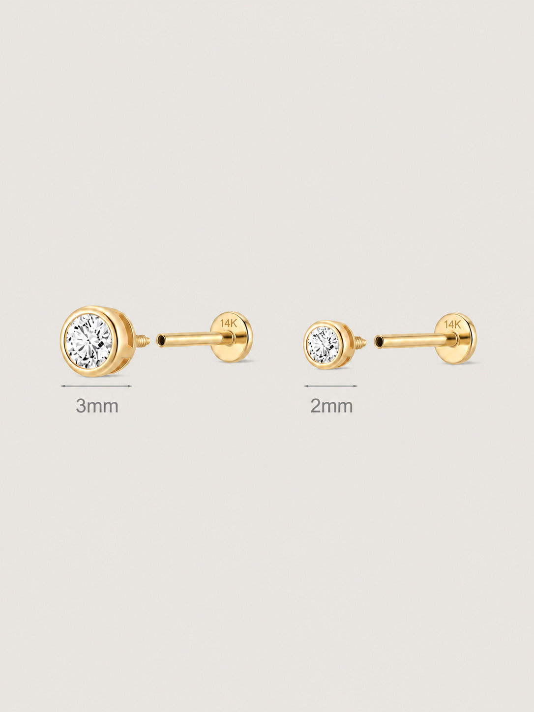 14K Solid Gold Bezel Solitaire CZ Flat Back Earring