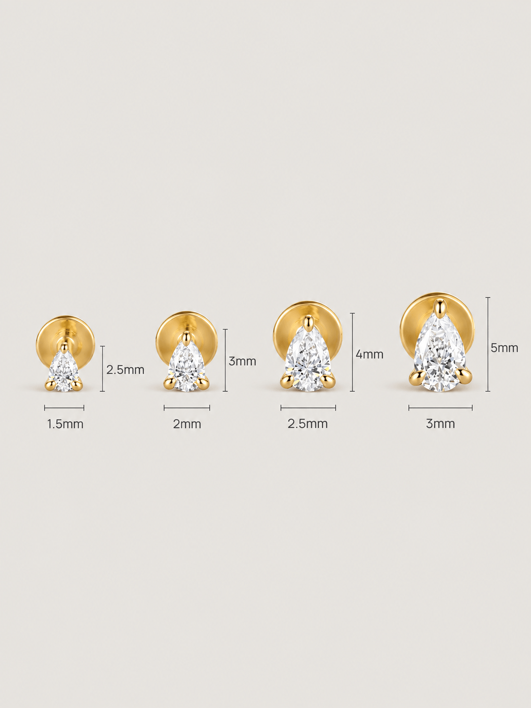 14K Solid Gold Pear Lab Diamond Flat Back Earrings