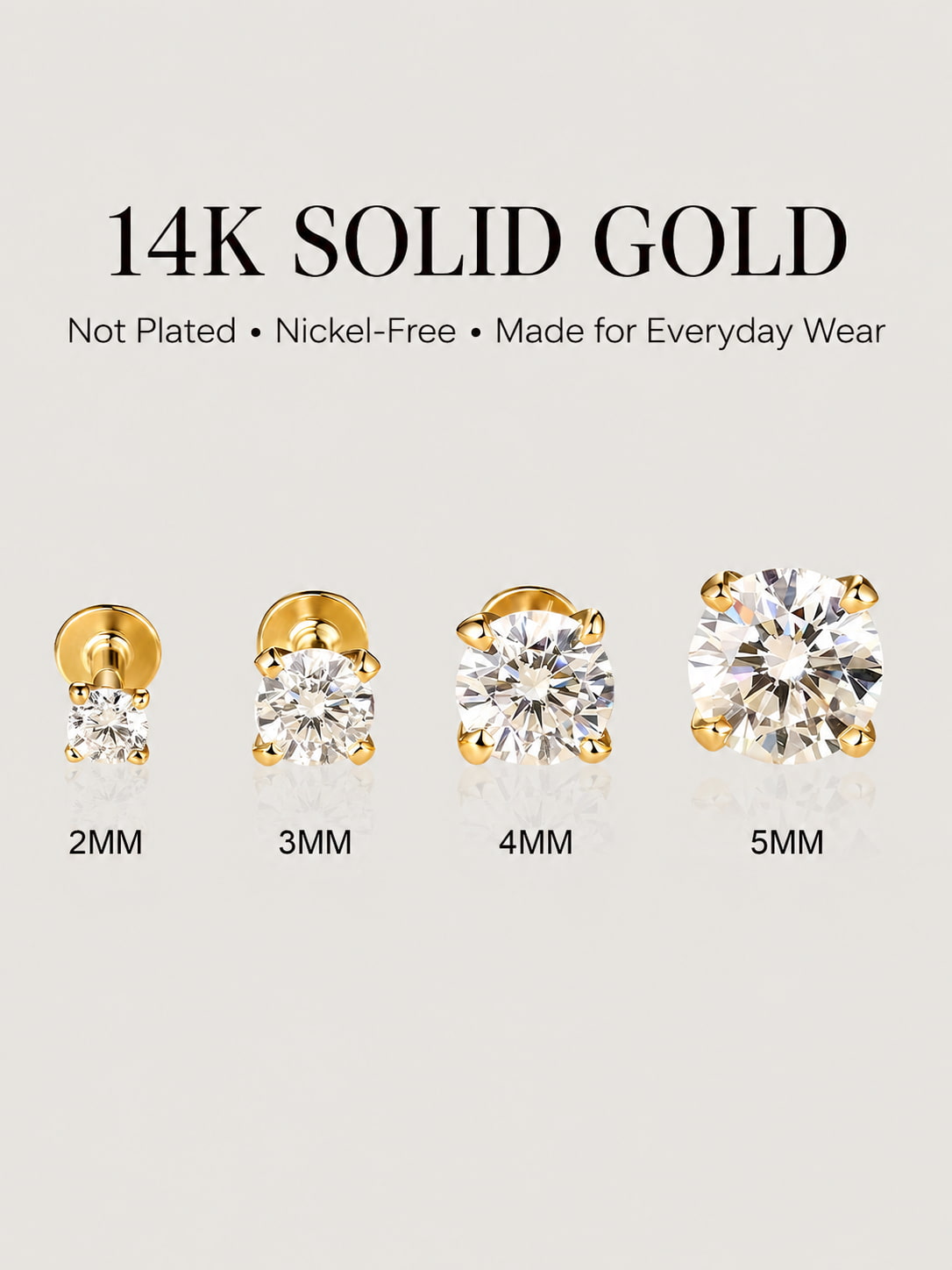 14K Solid Gold 4-Prong Solitaire Flat Back Earring