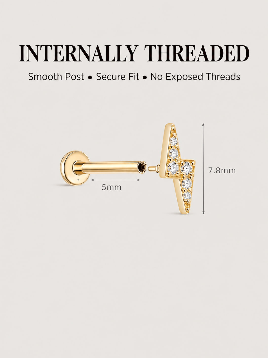 14K Solid Gold Pavé Lightning Bolt Flat Back Stud