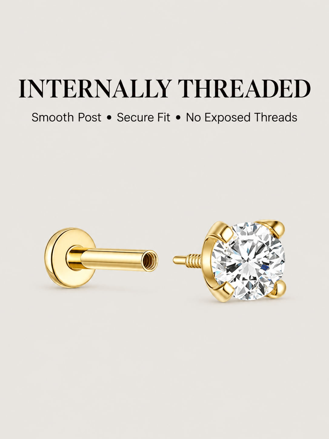 14K Solid Gold 4-Prong Solitaire Flat Back Earring
