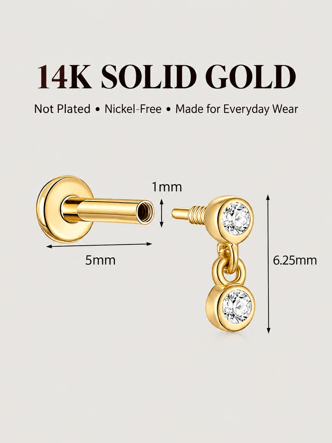 14K Gold Lab-Grown Diamond Double Drop Flat Back Stud