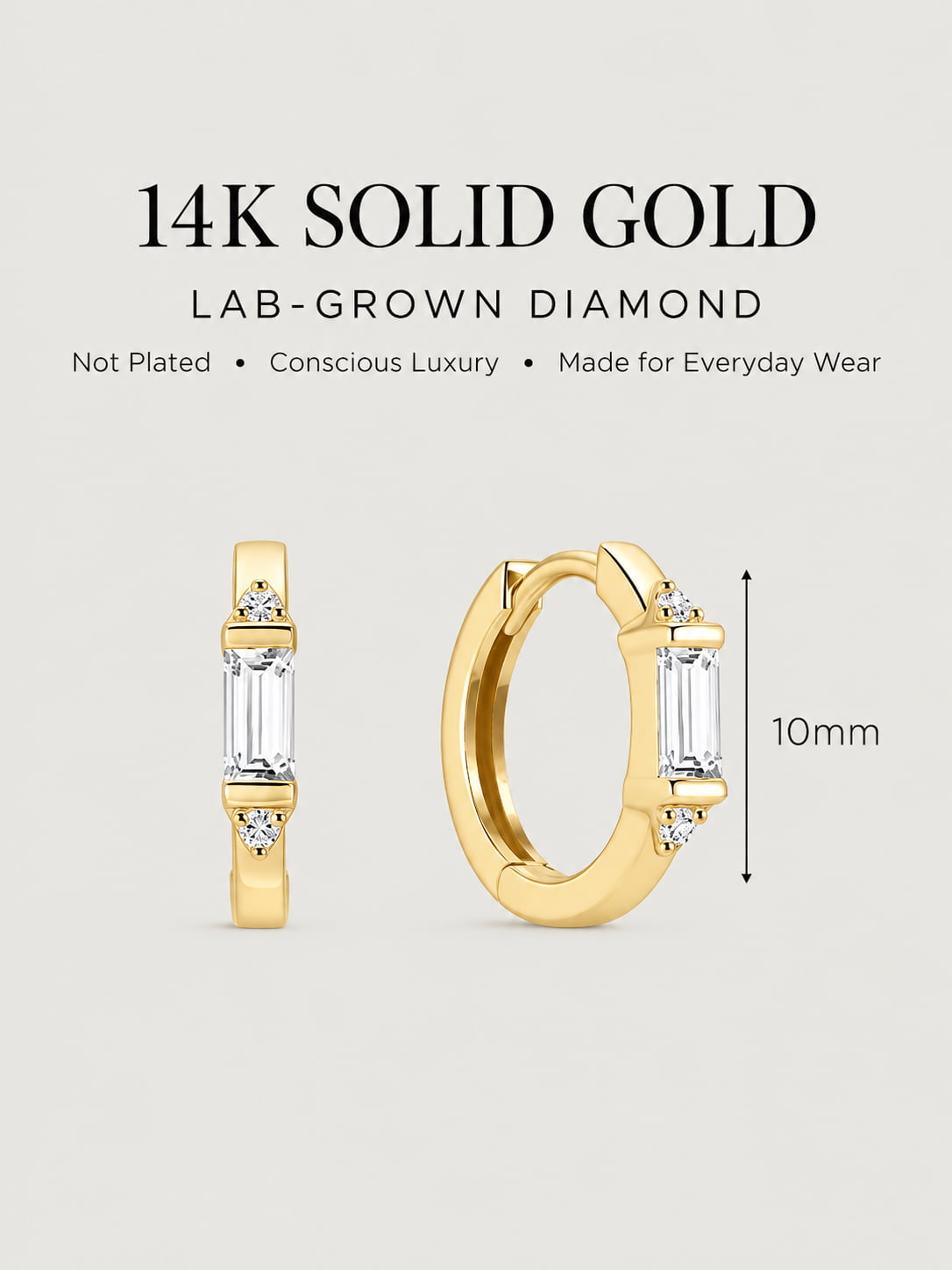 14K Solid Gold Baguette Lab-Grown Diamond Huggie Hoop