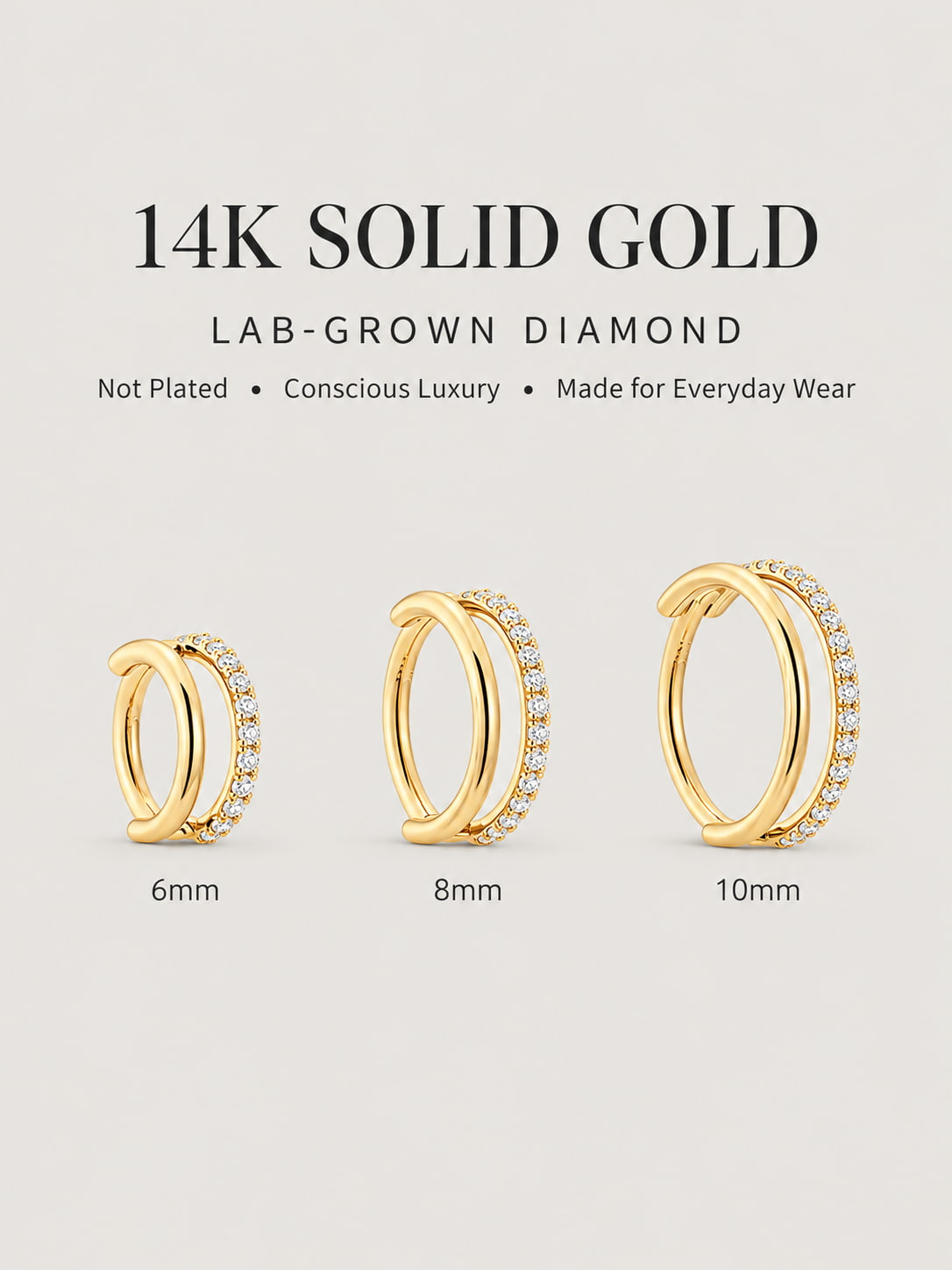 14K Solid Gold Double Band Pavé Hoop Earring