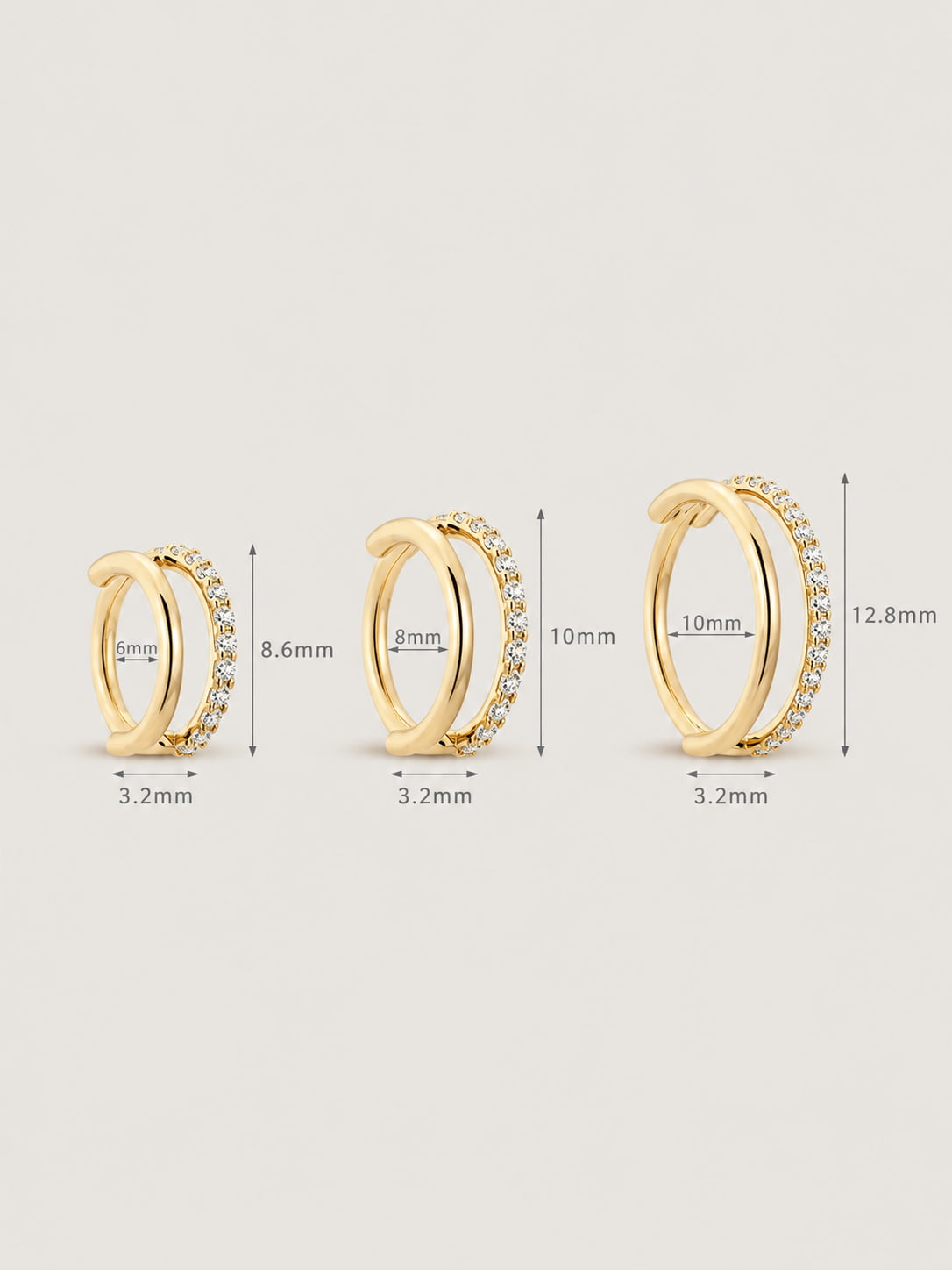 14K Solid Gold Double Band Pavé Hoop Earring