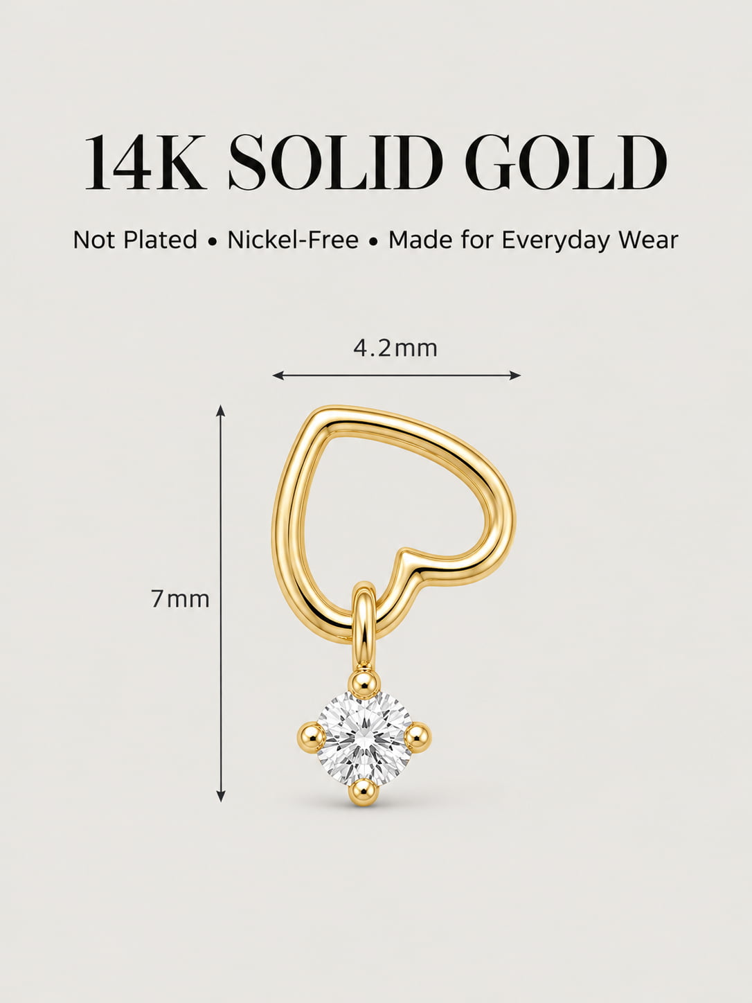14K Solid Gold Open Heart Dangle Hoop Charm