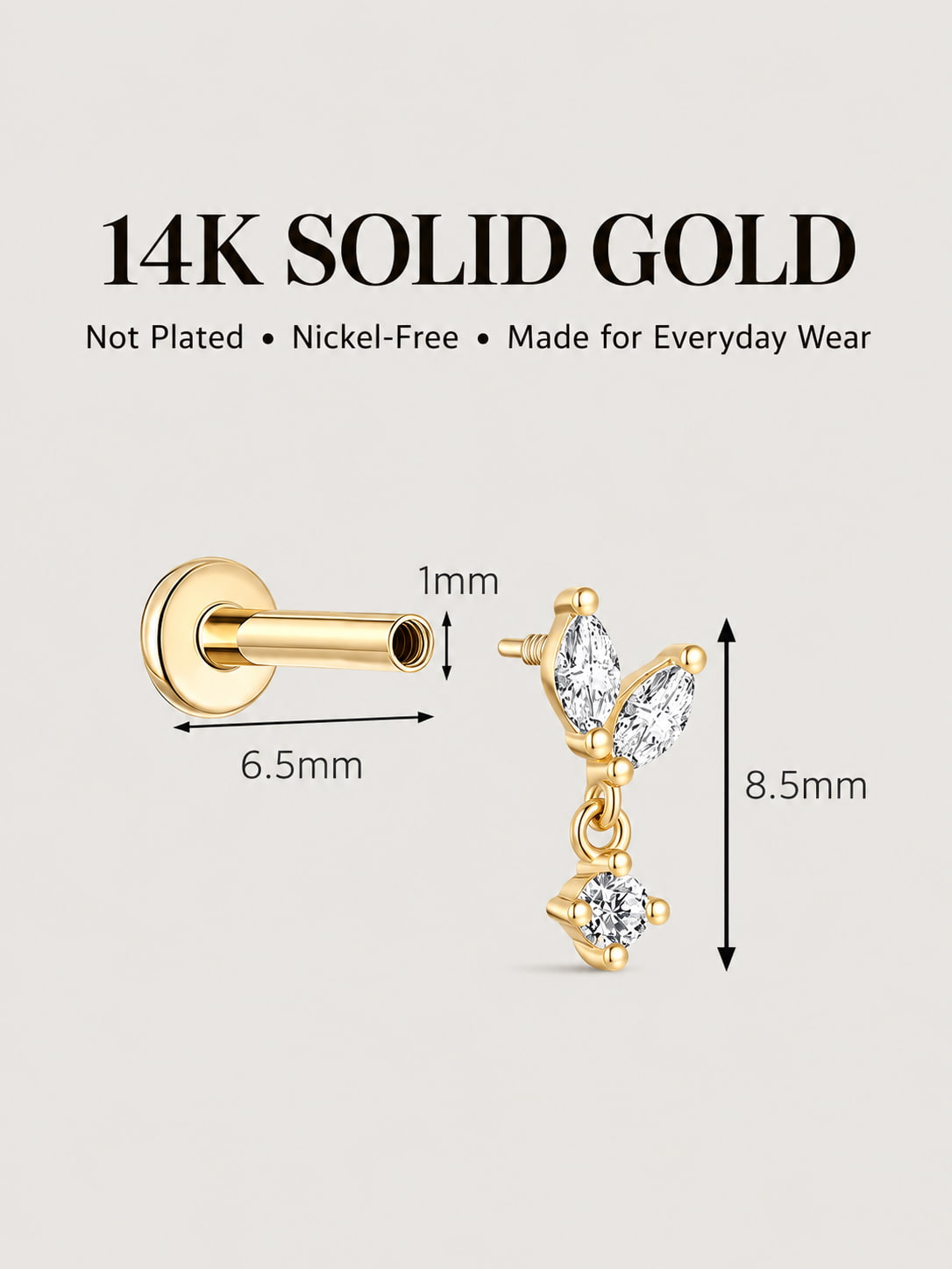 14K Gold Lab-Grown Diamond Marquise Leaf Flat Back Stud