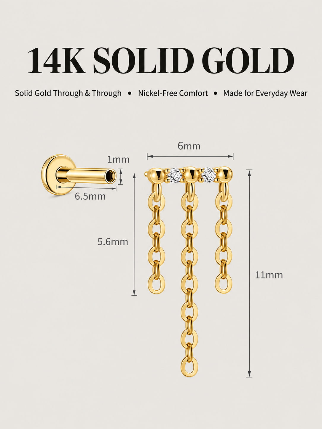 14K Solid Gold Lab-Grown Diamond Triple Chain Drop Flat Back Stud