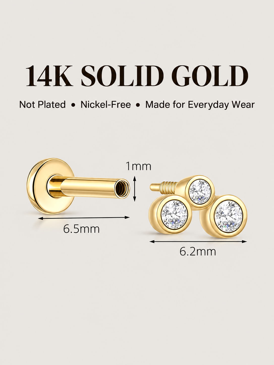 14K Solid Gold Lab-Grown Diamond Three-Stone Bezel Flat Back Stud