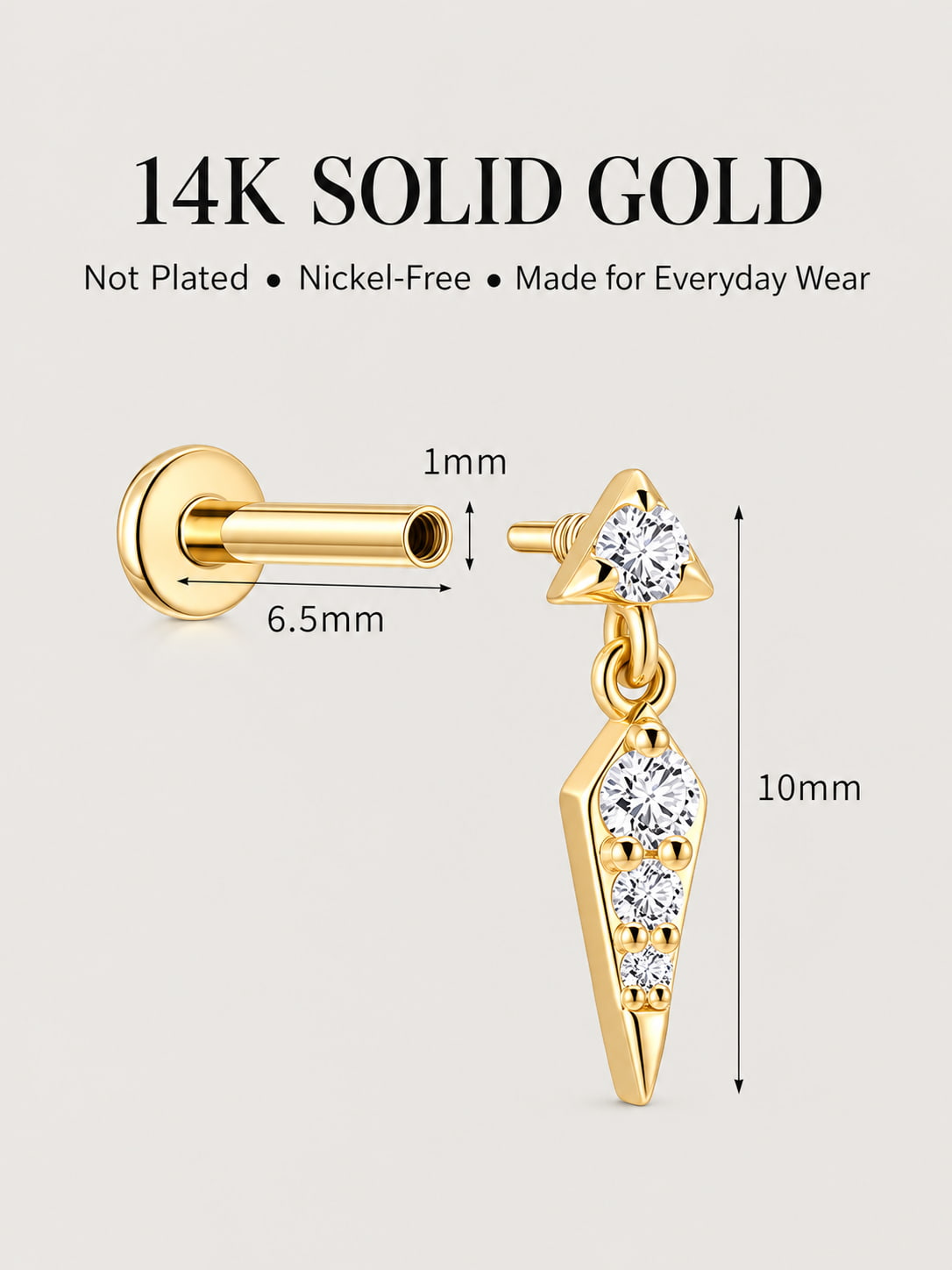 14K Solid Gold Lab-Grown Diamond Geometric Drop Flat Back Stud