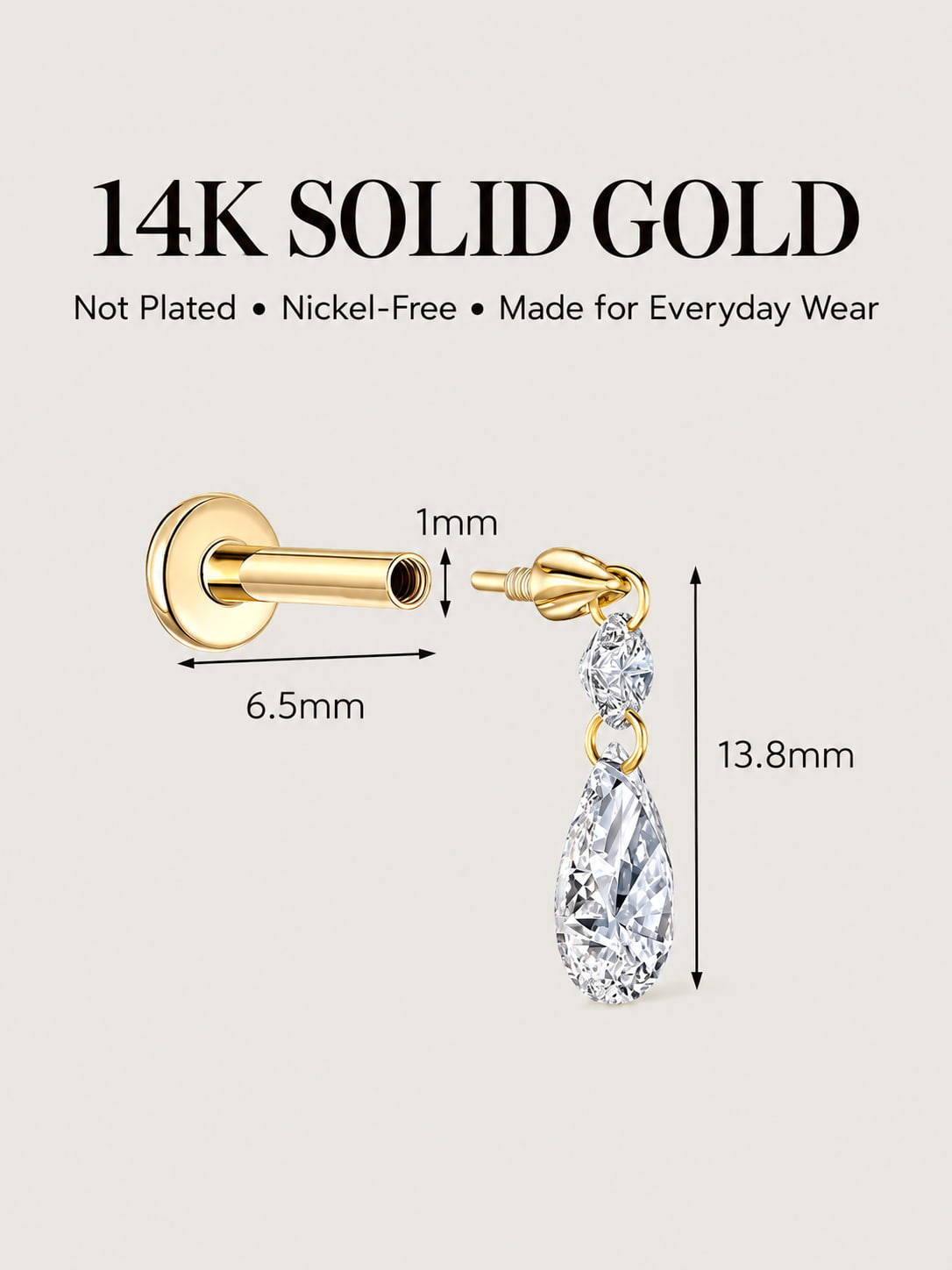 14K Solid Gold Lab-Grown Diamond Pear Drop Flat Back Stud