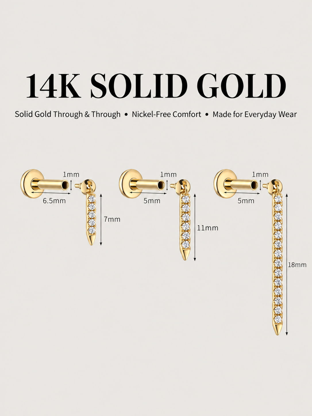 14K Solid Gold Lab-Grown Diamond Pavé Bar Drop Flat Back Stud