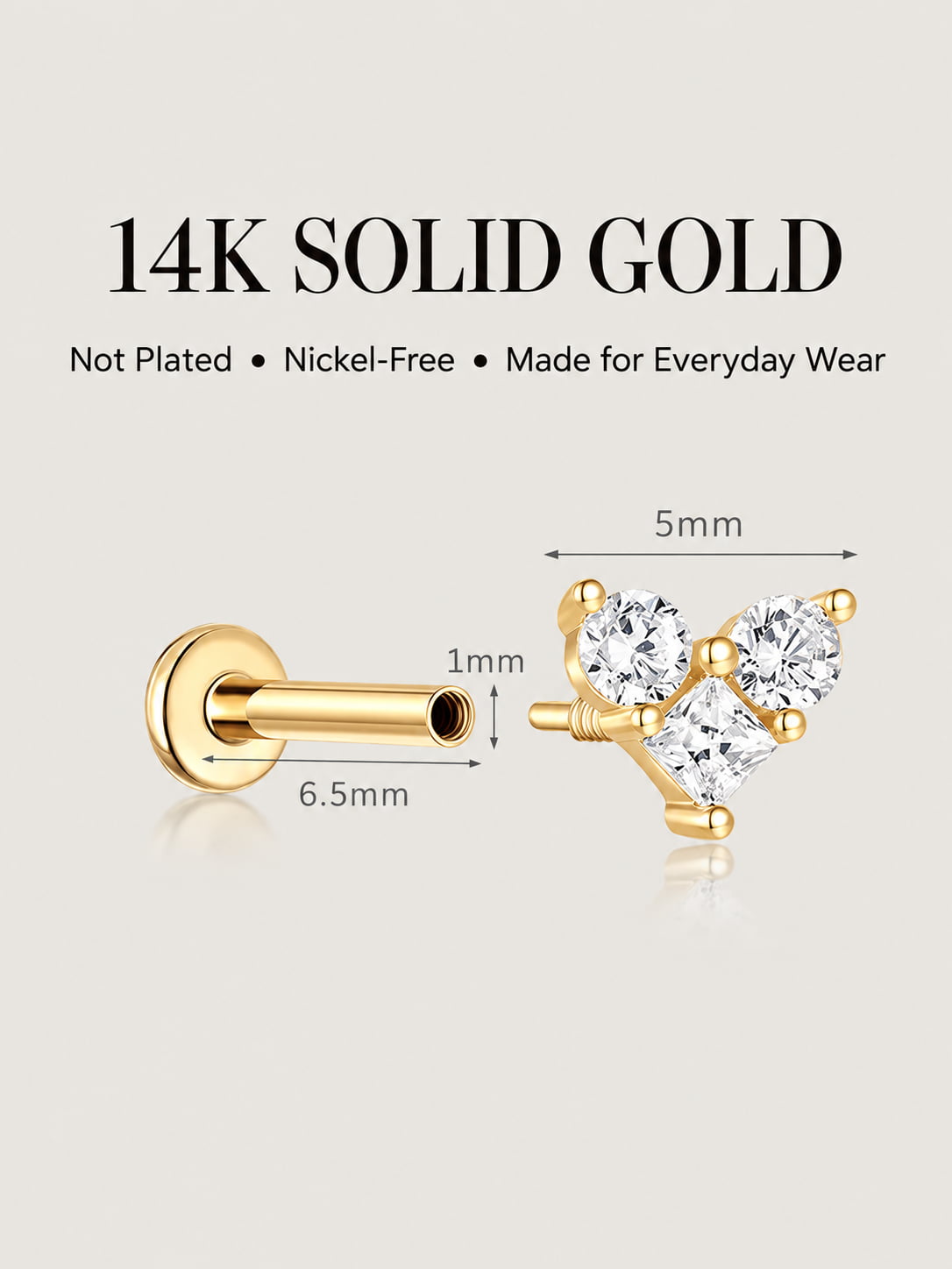 14K Gold Lab-Grown Diamond Three-Stone Flat Back Stud