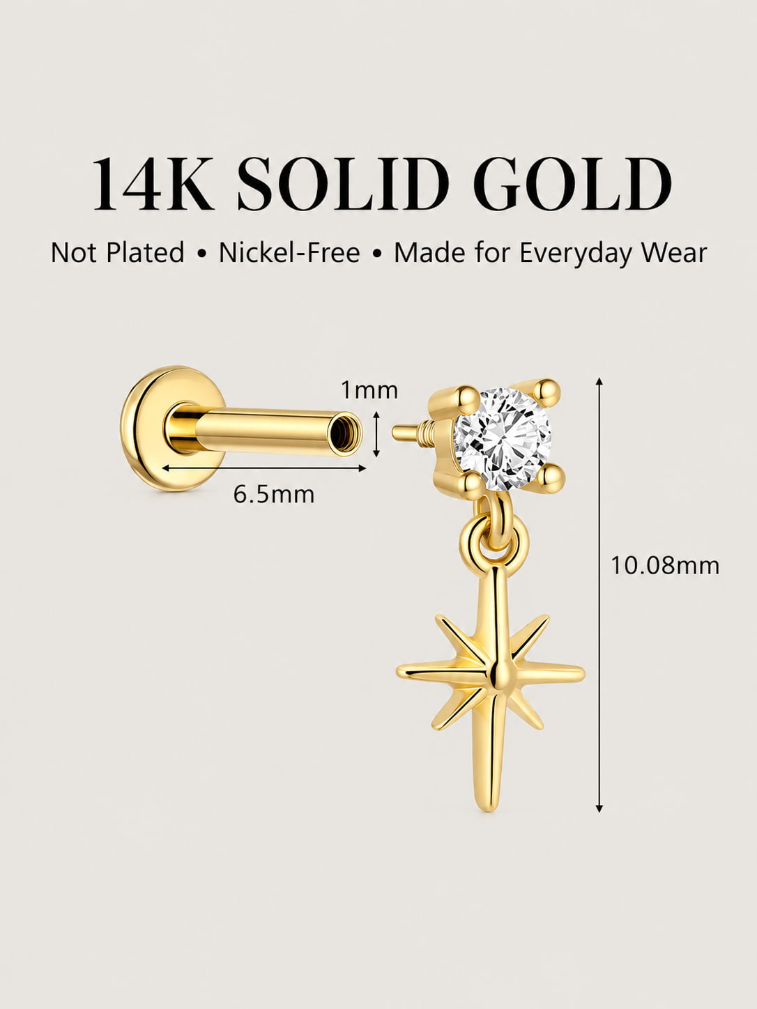 14K Solid Gold Lab-Grown Diamond Starburst Drop Flat Back Stud