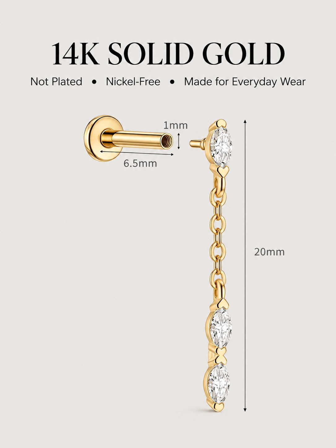 14K Solid Gold Marquise Lab-Grown Diamond Chain Drop Flat Back Stud