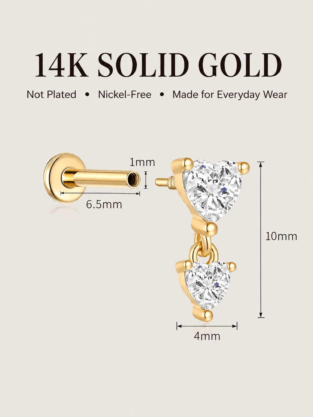 14K Solid Gold Double Heart Lab-Grown Diamond Dangle Flat Back Stud