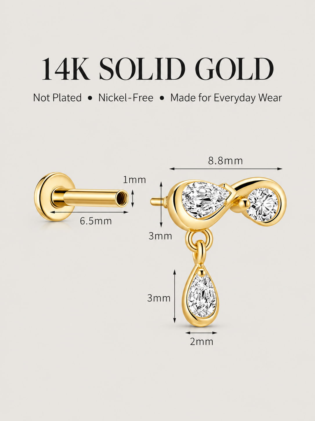 14K Solid Gold Mixed-Cut Lab-Grown Diamond Drop Flat Back Stud