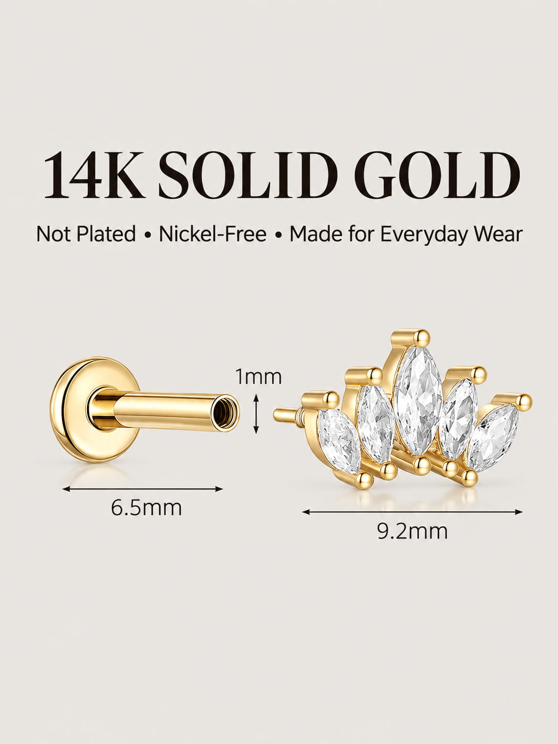 14K Solid Gold Lab-Grown Diamond Marquise Fan Flat Back Stud