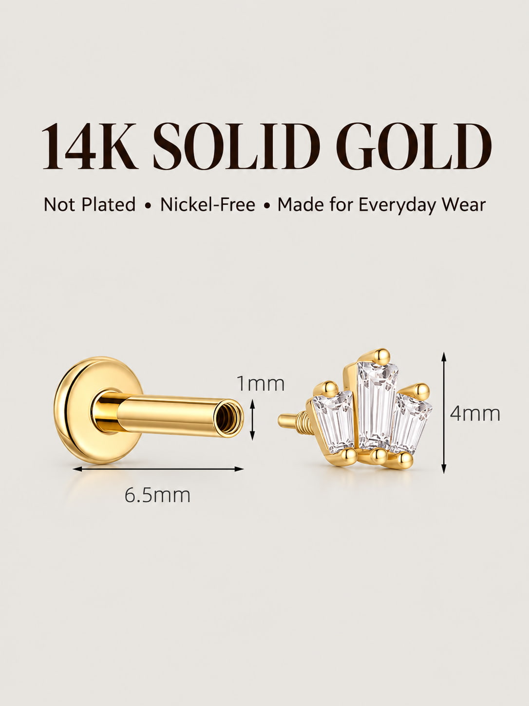 14K Solid Gold Lab-Grown Diamond Baguette Fan Flat Back Stud