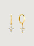 14K Solid Gold Cross Dangle Huggie Hoop