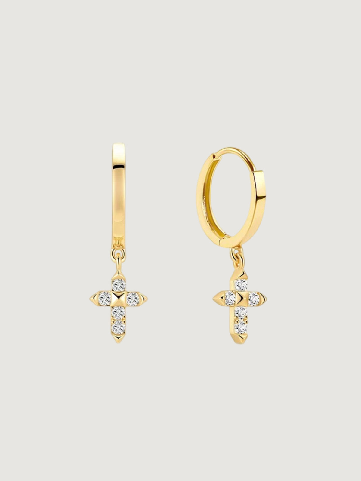 14K Solid Gold Cross Dangle Huggie Hoop