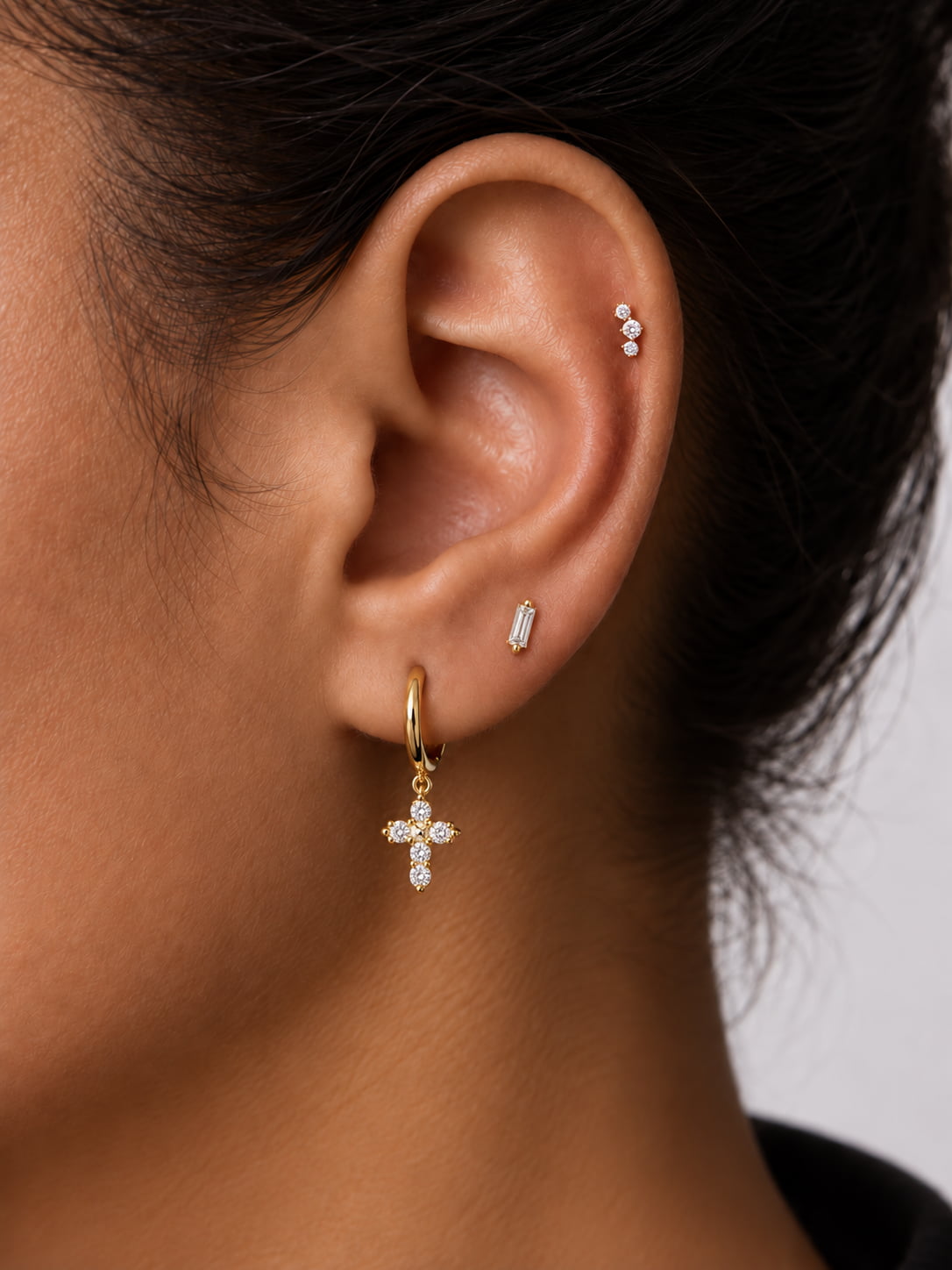 14K Solid Gold Cross Dangle Huggie Hoop
