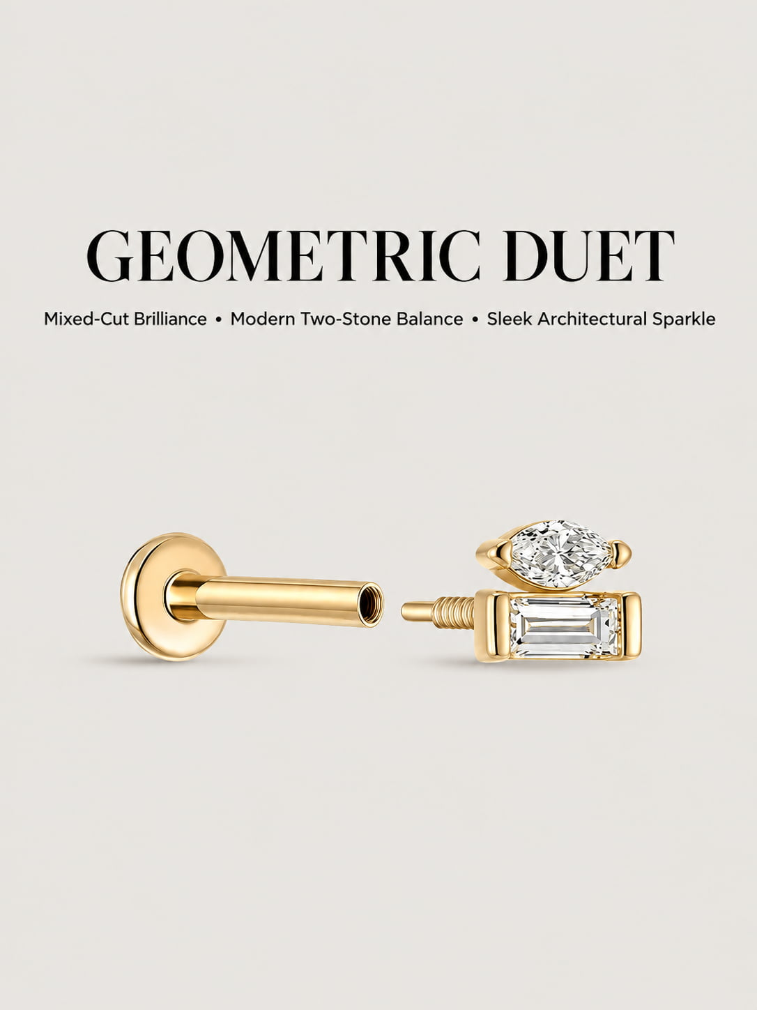 14K Solid Gold Marquise & Baguette Flat Back Stud
