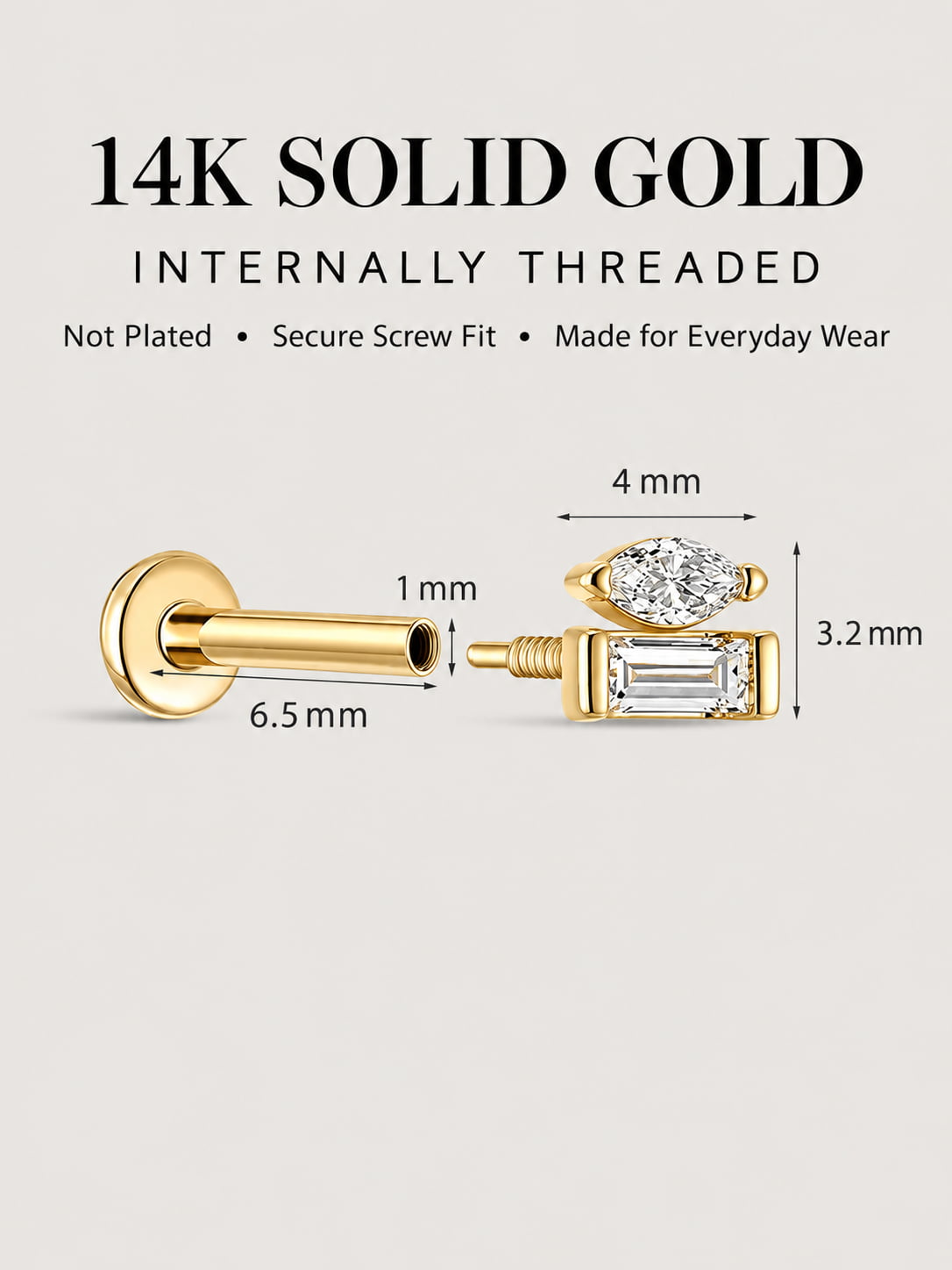 14K Solid Gold Marquise & Baguette Flat Back Stud