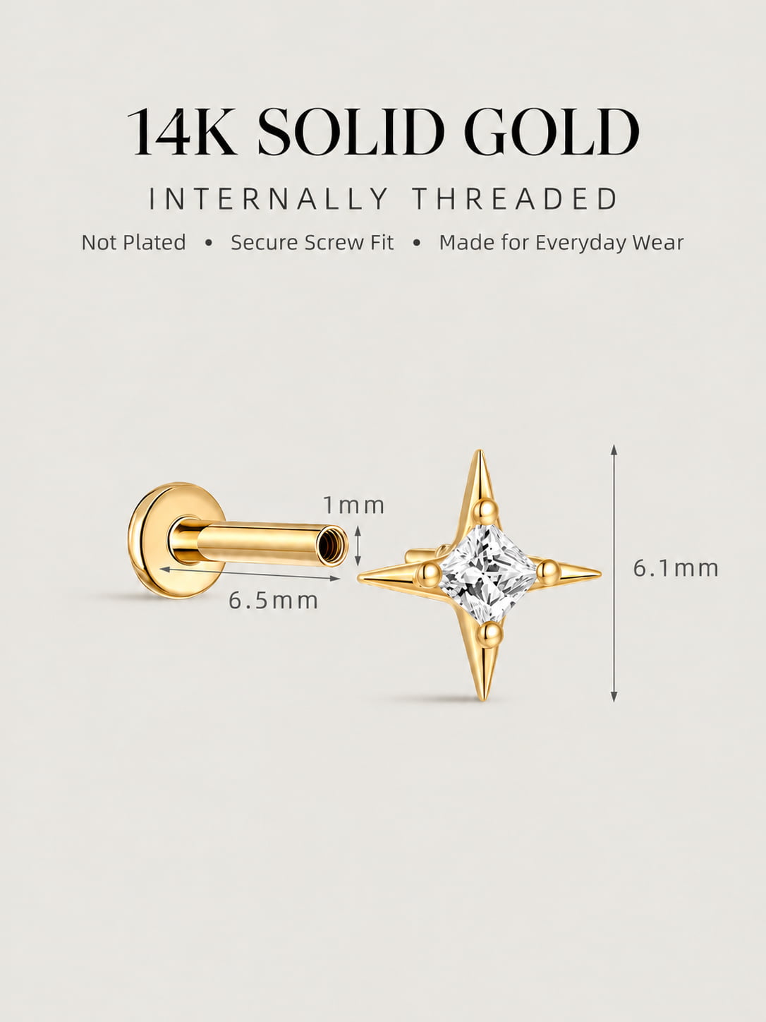 14K Solid Gold Princess-Cut Starburst Flat Back Stud
