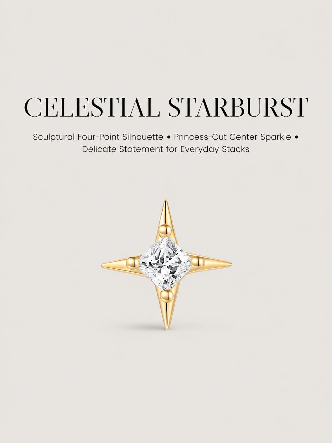 14K Solid Gold Princess-Cut Starburst Flat Back Stud