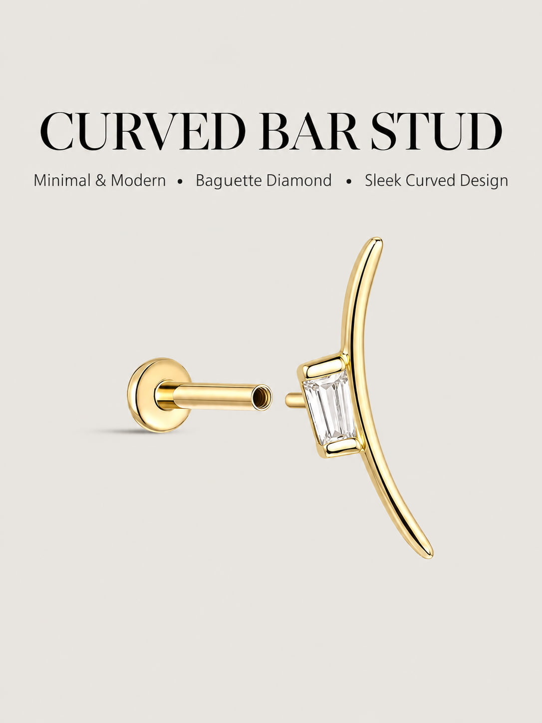 14K Solid Gold Baguette Curved Bar Flat Back Stud
