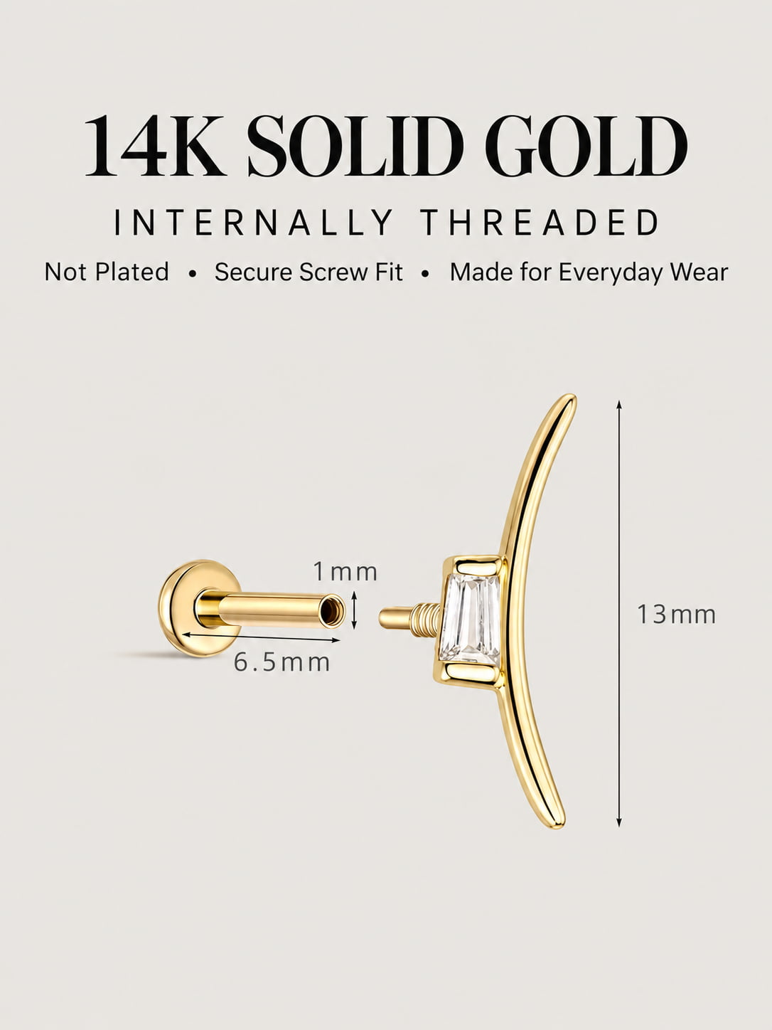 14K Solid Gold Baguette Curved Bar Flat Back Stud