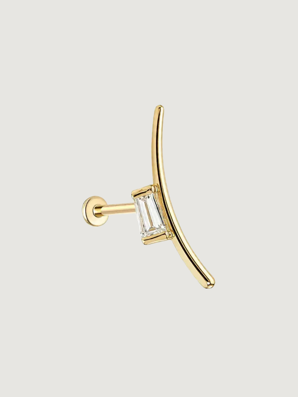 14K Solid Gold Baguette Curved Bar Flat Back Stud