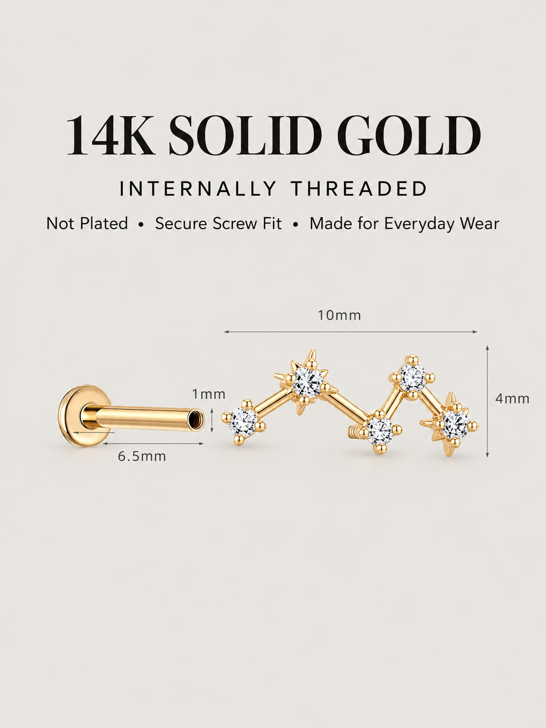 14K Solid Gold Celestial Constellation Flat Back Stud