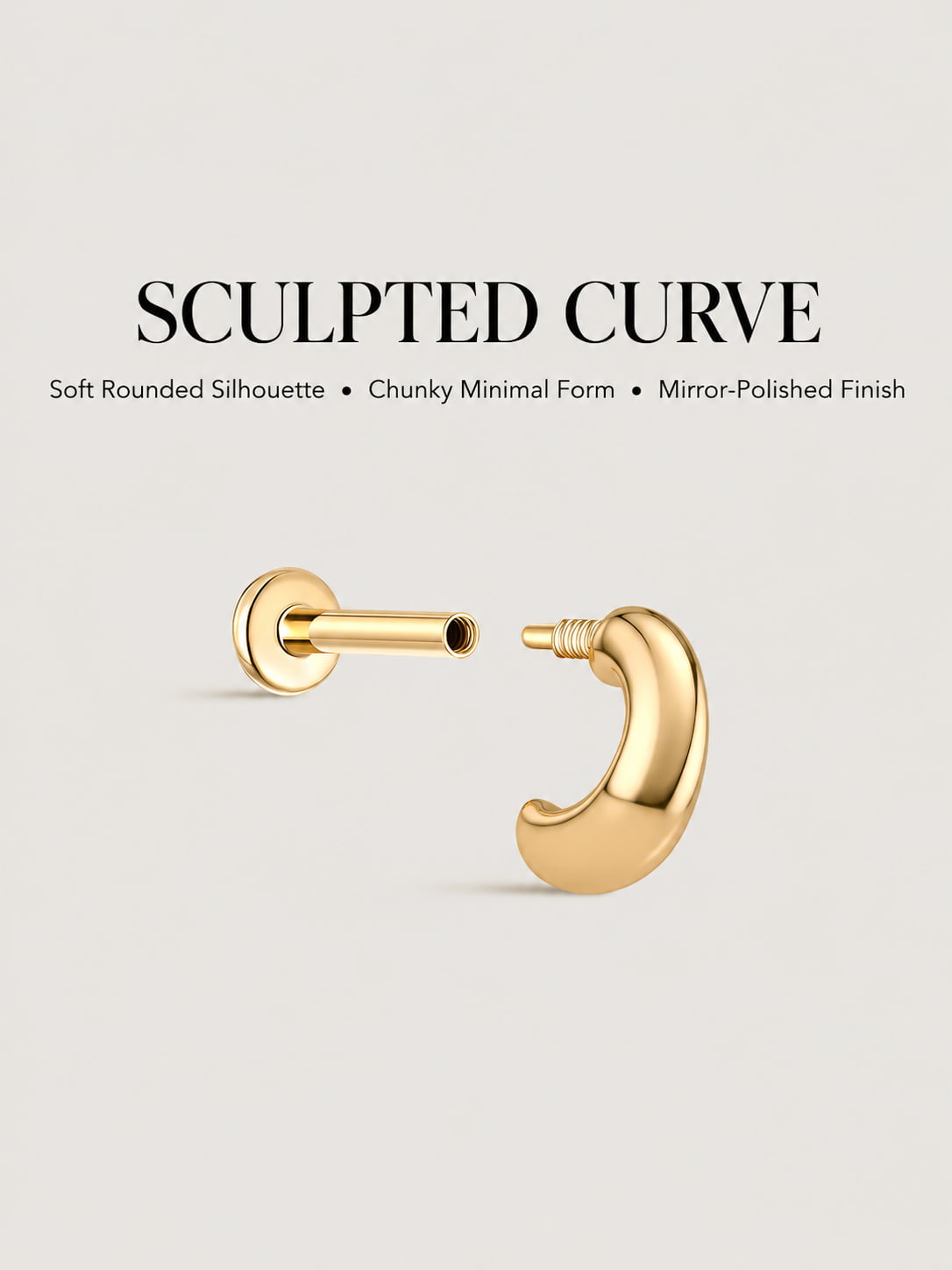 14K Solid Gold Chunky Crescent Half Hoop Flat Back Stud