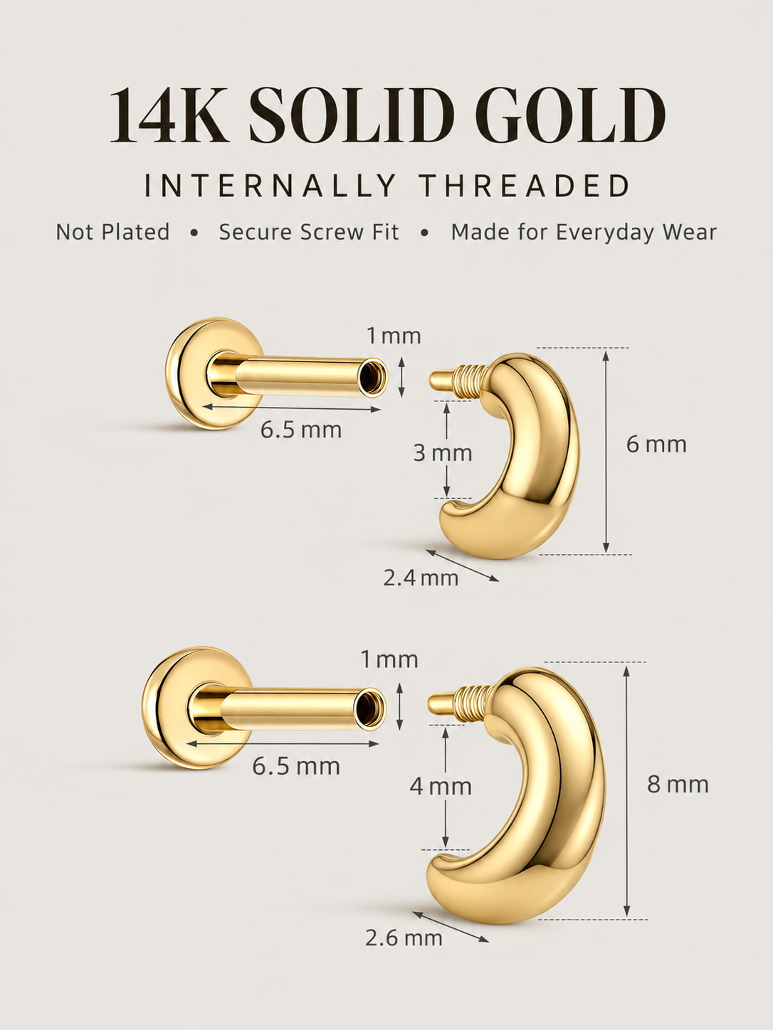 14K Solid Gold Chunky Crescent Half Hoop Flat Back Stud