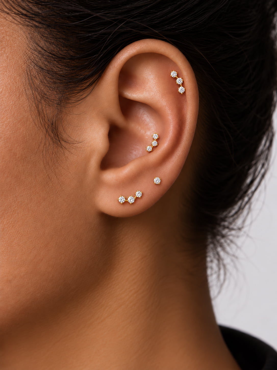 14K Solid Gold Delicate Triple-Point Cluster Flat Back Earring