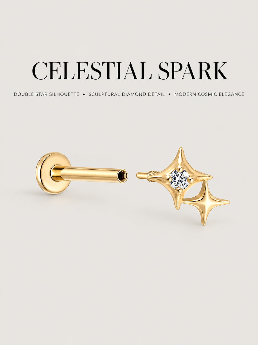 14K Solid Gold Double Starburst Flat Back Stud