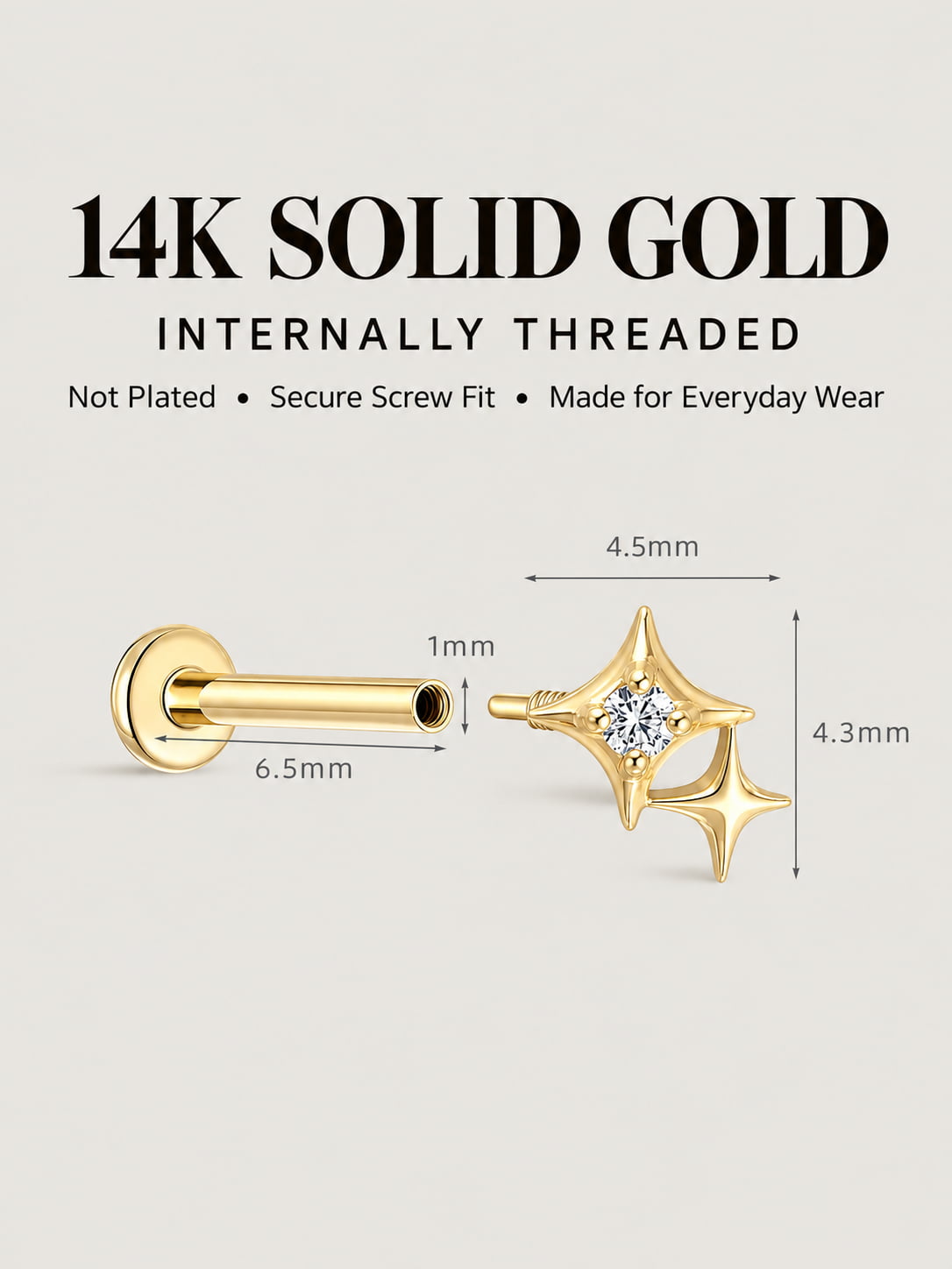 14K Solid Gold Double Starburst Flat Back Stud