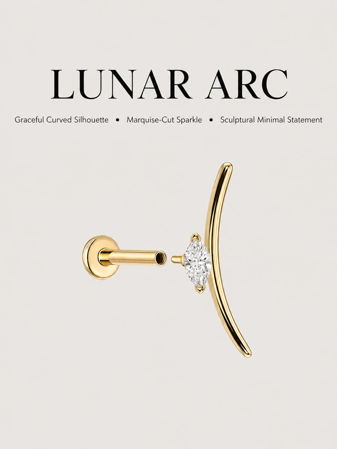 14K Solid Gold Marquise Curved Bar Flat Back Stud