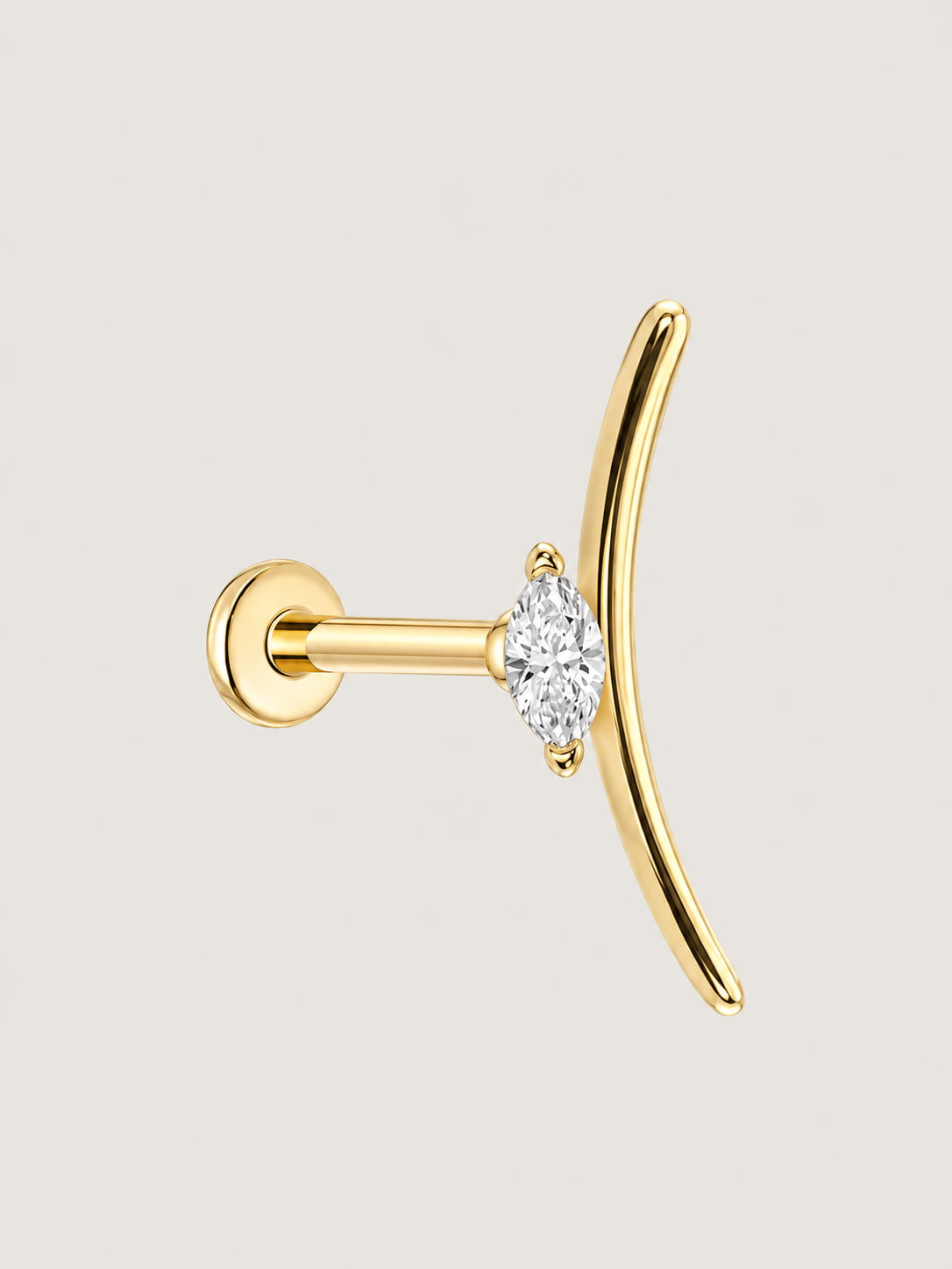 14K Solid Gold Marquise Curved Bar Flat Back Stud