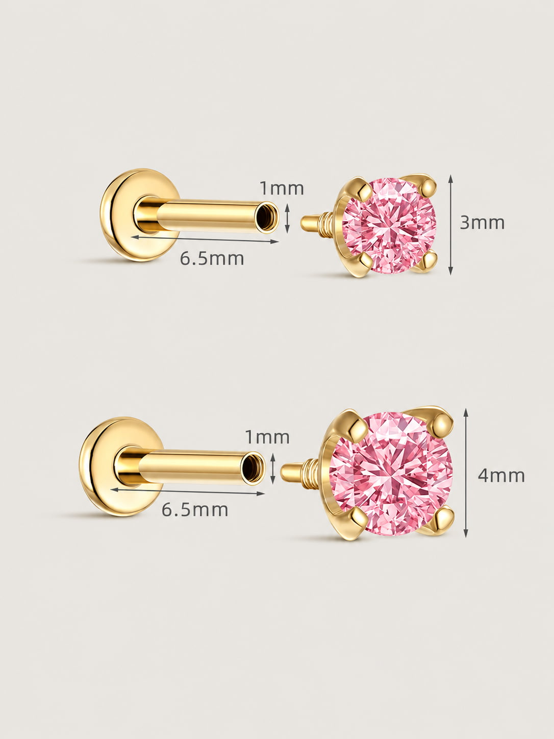 14K Solid Gold Pink Solitaire Flat Back Stud