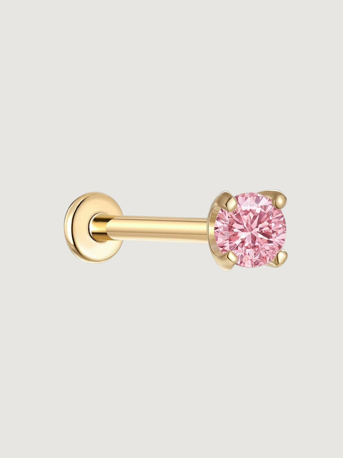 14K Solid Gold Pink Solitaire Flat Back Stud