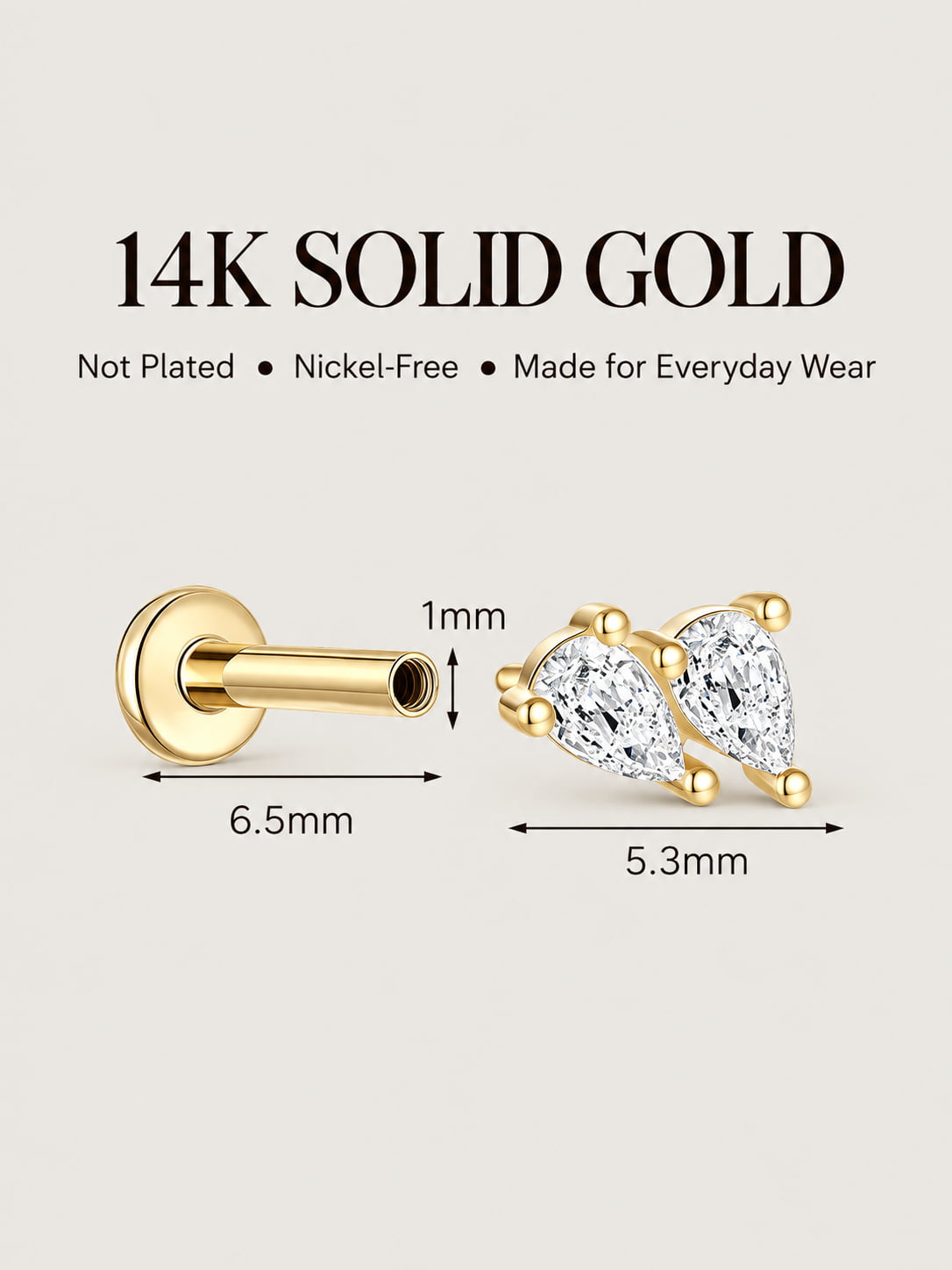 14K Solid Gold Lab-Grown Diamond Double Pear Flat Back Stud
