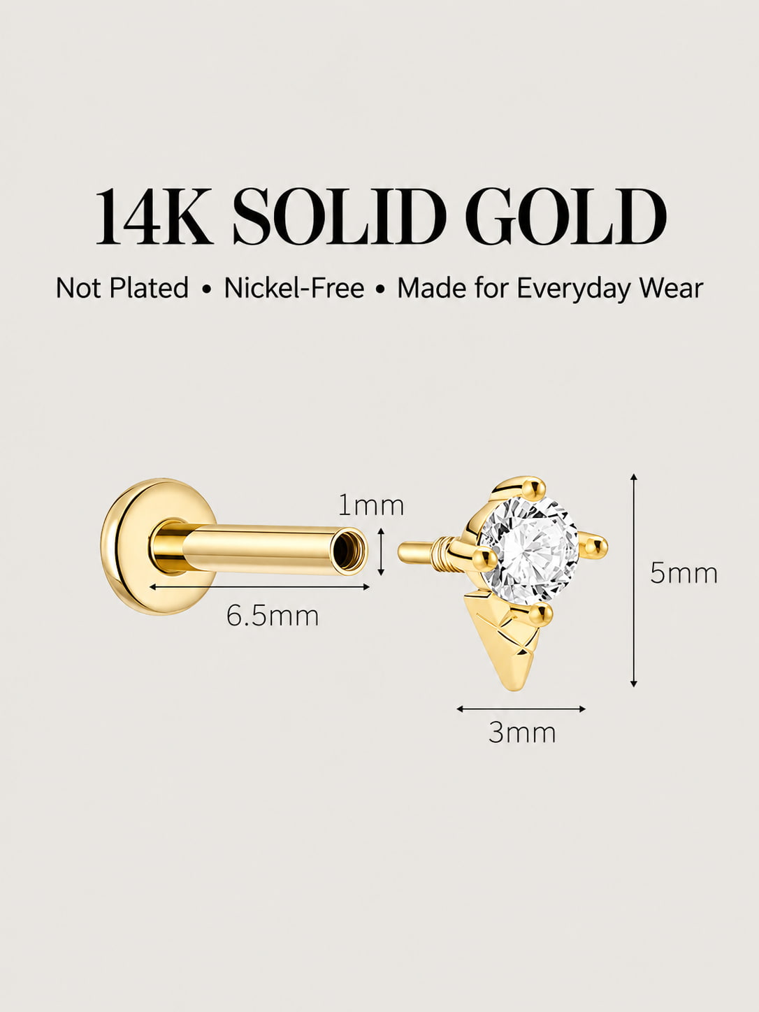 14K Solid Gold Geometric Round Lab-Grown Diamond Flat Back Stud