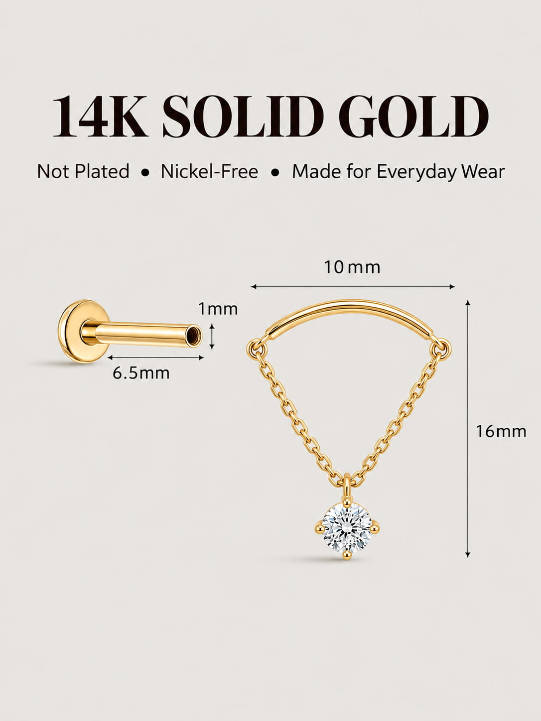 14K Solid Gold Lab-Grown Diamond Arc Chain Drop Flat Back Stud