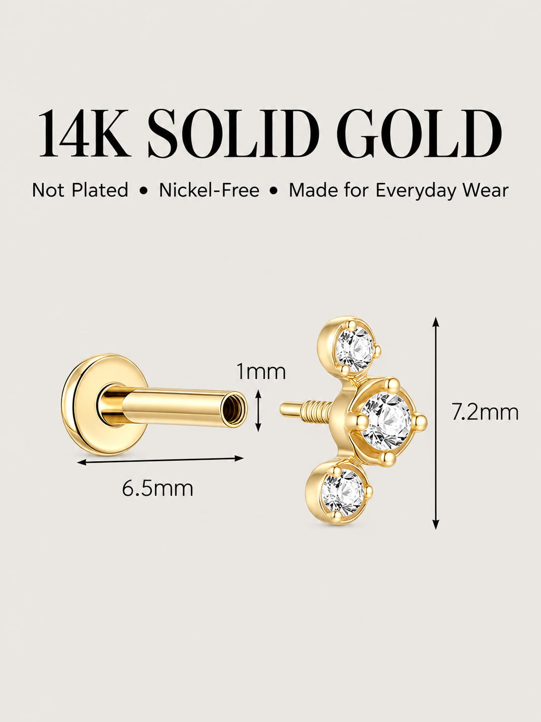 14K Solid Gold Graduated Three-Stone Lab-Grown Diamond Flat Back Stud